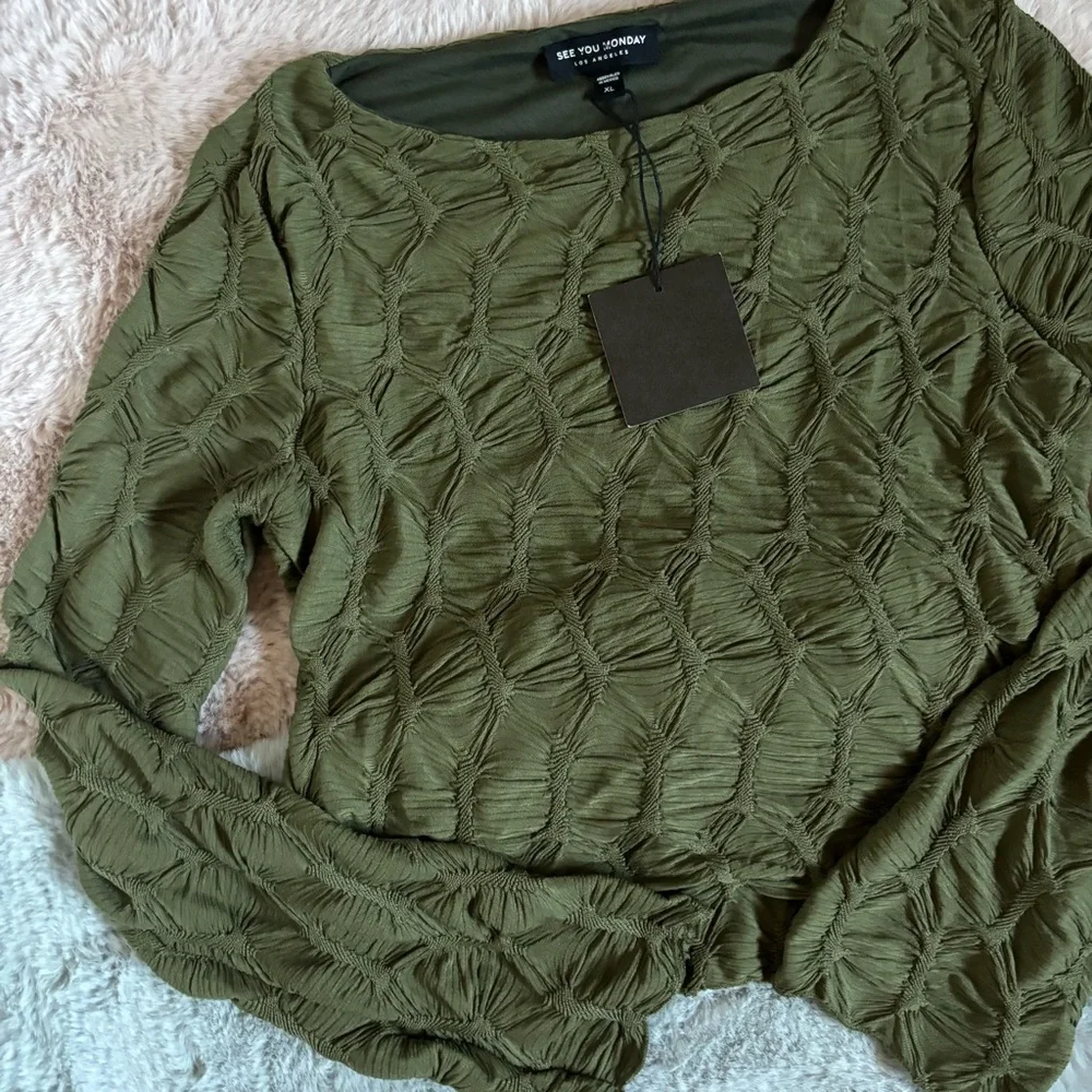 See you Monday green long sleeve texture top